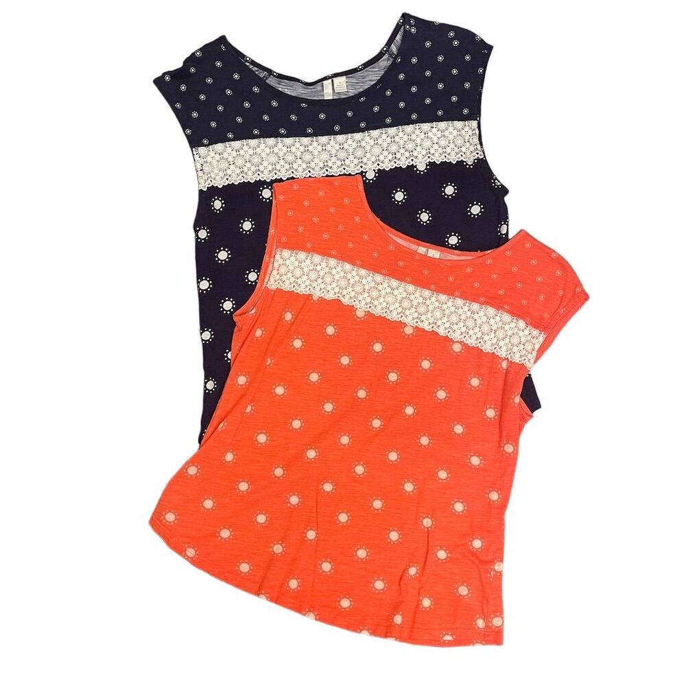 Lauren Conrad Size S Sleeveless Tops Set of 2 - Orange & Navy Polka Dot, small